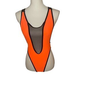 NWT One Piece Plunge Neck Swimsuit Size S Orange Mesh Pool Vacation Beach Sexy